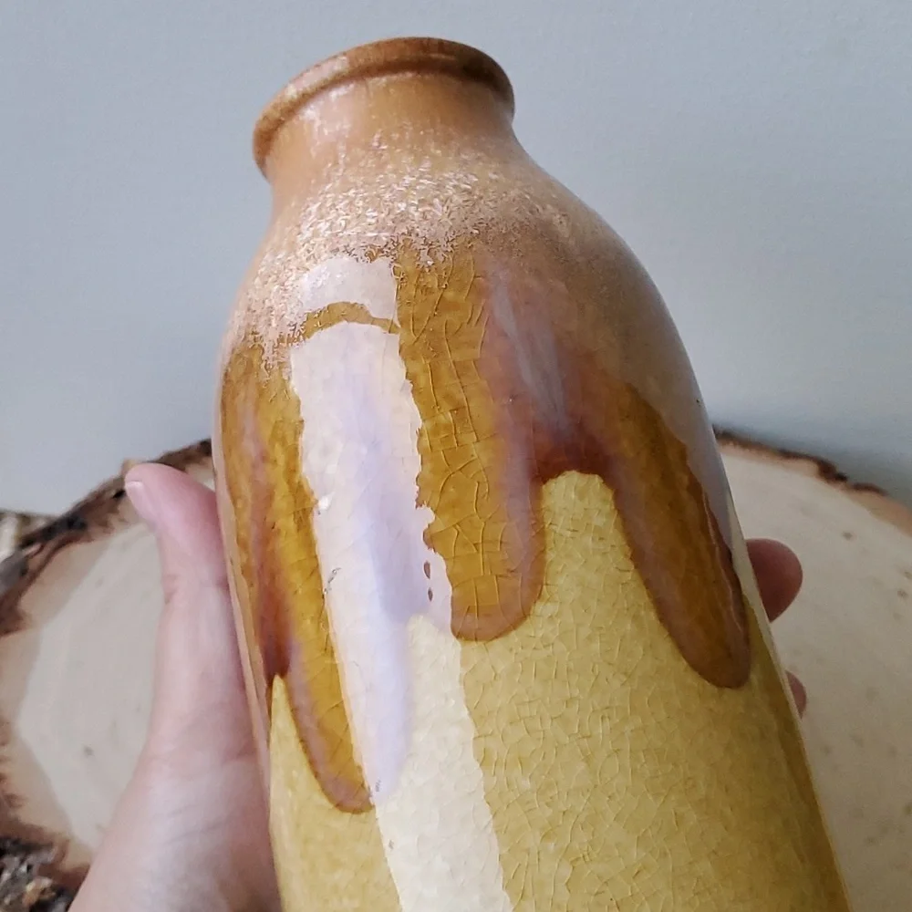Tall Drip Glaze Crackle Ceramic Vase Yellow Brown